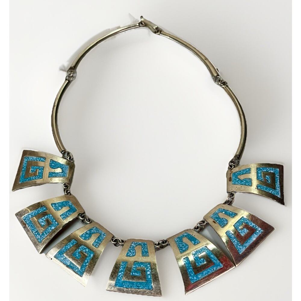 Vintage Mexico Alpaca Silver Turquoise Chip Inlay Collar Statement Necklace - Picture 4 of 12